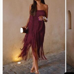 Commense Florence Burgundy Fringed Open Back Dress